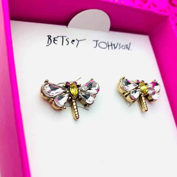 💗Betsey Johnson Dragonfly Stud Earrings, Crystal - Picture 2 of 14